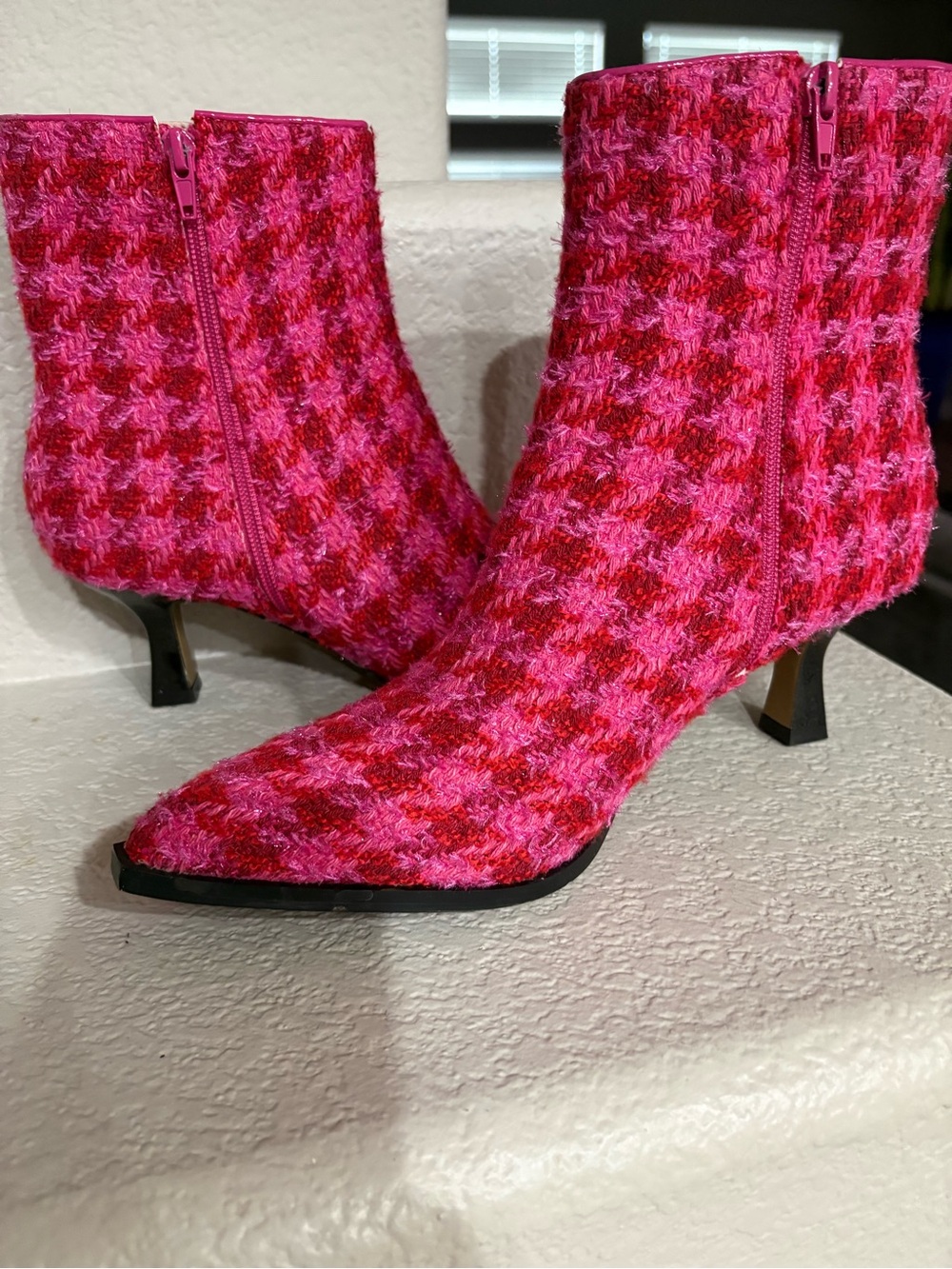 Betsey Johnson Pink Houndstooth Pointed Toe Ankle Booties
